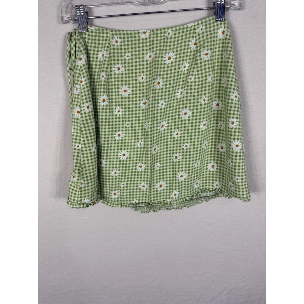 Live To Be Spoiled Green Gingham Daisy Floral‎ Wrap Minin Skirt Womens Med